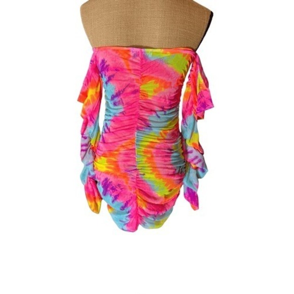 Bodycon Tie Dye Off Shoulder Mini Dress Size L Rainbow Mardi Gras - Picture 5 of 16